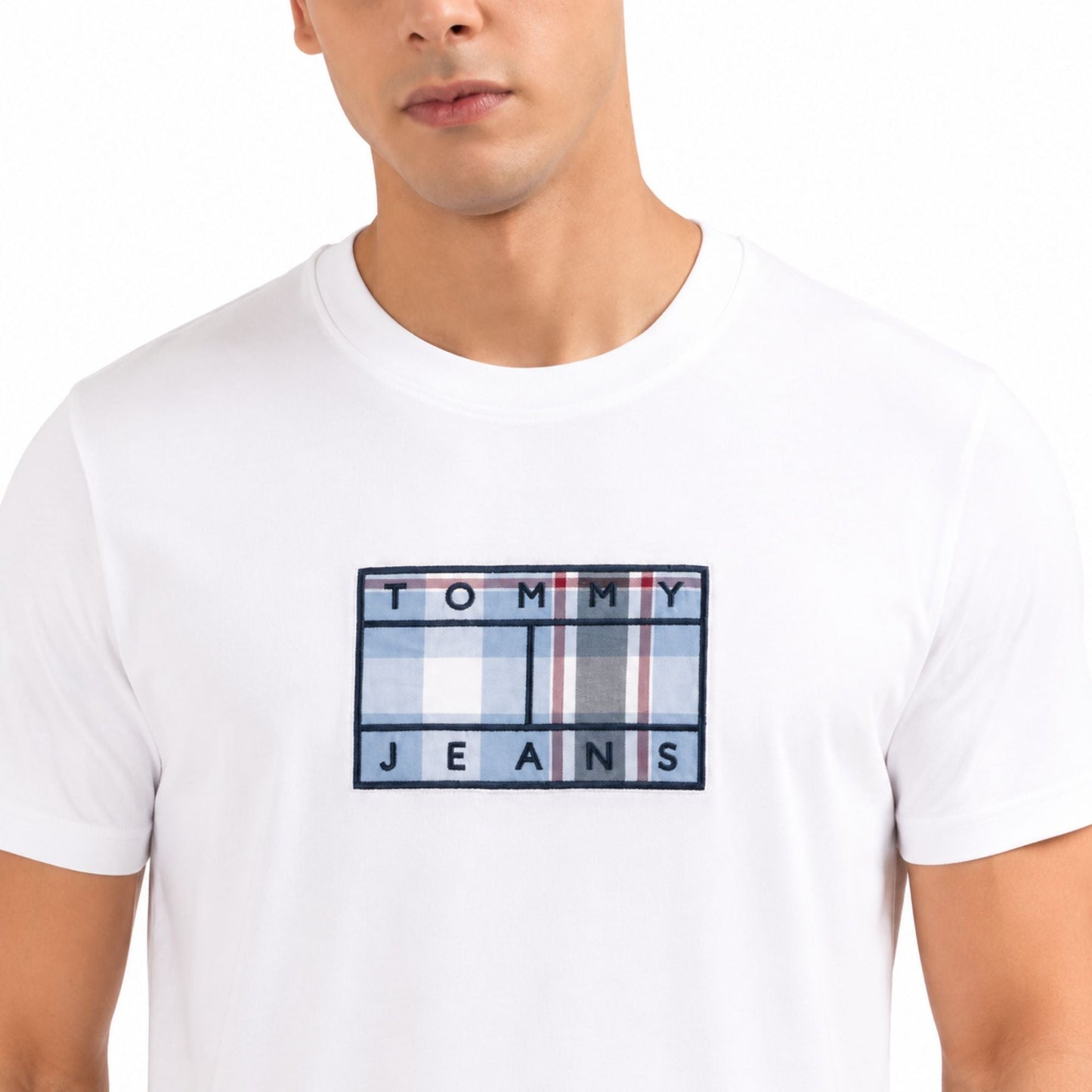 TOMMY HILFIGER Men Checkered Round Neck T-Shirt - White