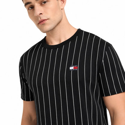 TOMMY HILFIGER Men’s Striped Crew Neck Cotton T-Shirt - Black