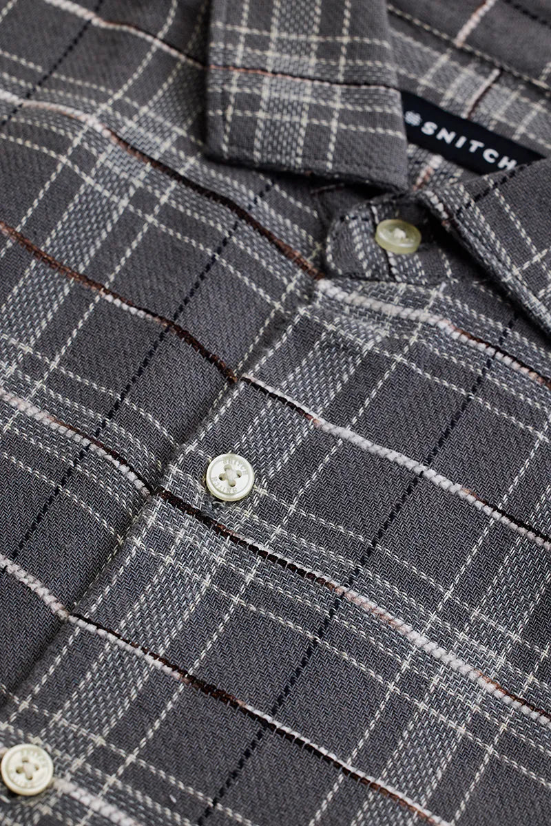Snitch Grey Slub Textured Checks Shirt for Men