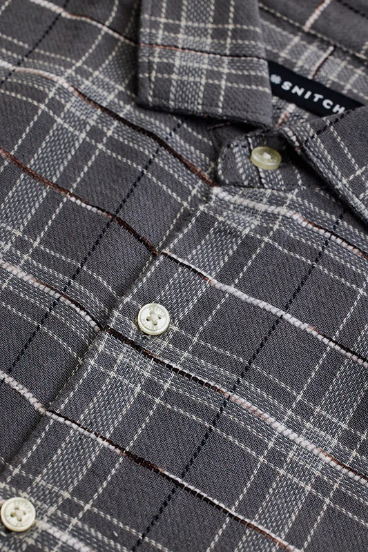 Snitch Grey Slub Textured Checks Shirt for Men