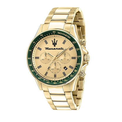 Maserati Sfida R8873640005 Men’s Chronograph Watch – Gold Dial, Green Tachymeter Bezel, Gold Stainless Steel Strap, 44mm Quartz