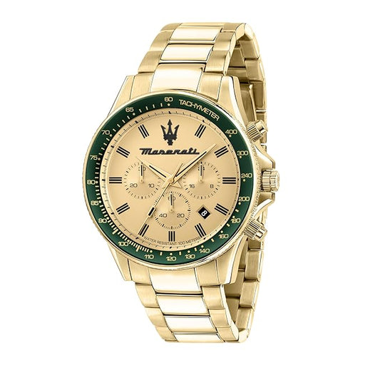 Maserati Sfida R8873640005 Men’s Chronograph Watch – Gold Dial, Green Tachymeter Bezel, Gold Stainless Steel Strap, 44mm Quartz