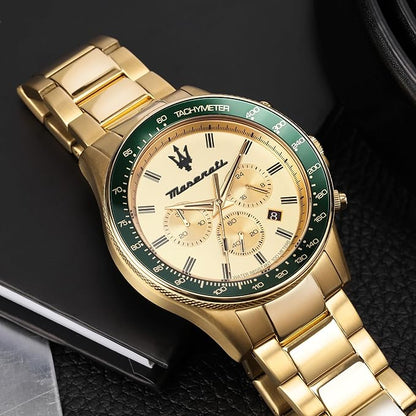 Maserati Sfida R8873640005 Men’s Chronograph Watch – Gold Dial, Green Tachymeter Bezel, Gold Stainless Steel Strap, 44mm Quartz