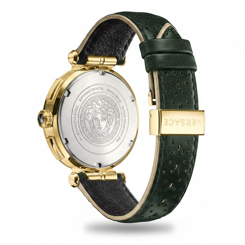 Versace watch with green strap and gold case on a white background