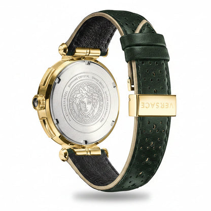 Versace watch with green strap and gold case on a white background