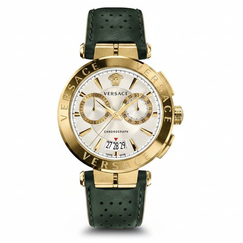 Versace VBR020017 Aion Men’s Watch | Gold Tone Chronograph | Green Leather Strap Swiss Made Luxury Watch