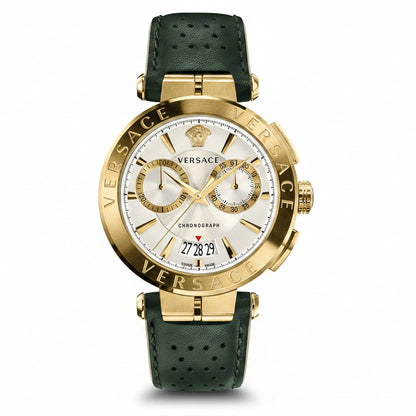 Versace VBR020017 Aion Men’s Watch | Gold Tone Chronograph | Green Leather Strap Swiss Made Luxury Watch