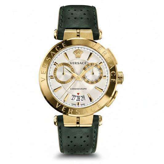 Versace VBR020017 Aion Men’s Watch | Gold Tone Chronograph | Green Leather Strap Swiss Made Luxury Watch
