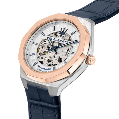 Maserati R8821142001 Stile Men’s Watch | Automatic Skeleton Dial | Blue Leather Strap 42mm Luxury Watch