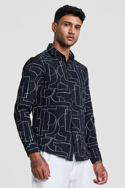 Snitch Men Black Textured Abstract Slim Fit Casual Shirt for Men