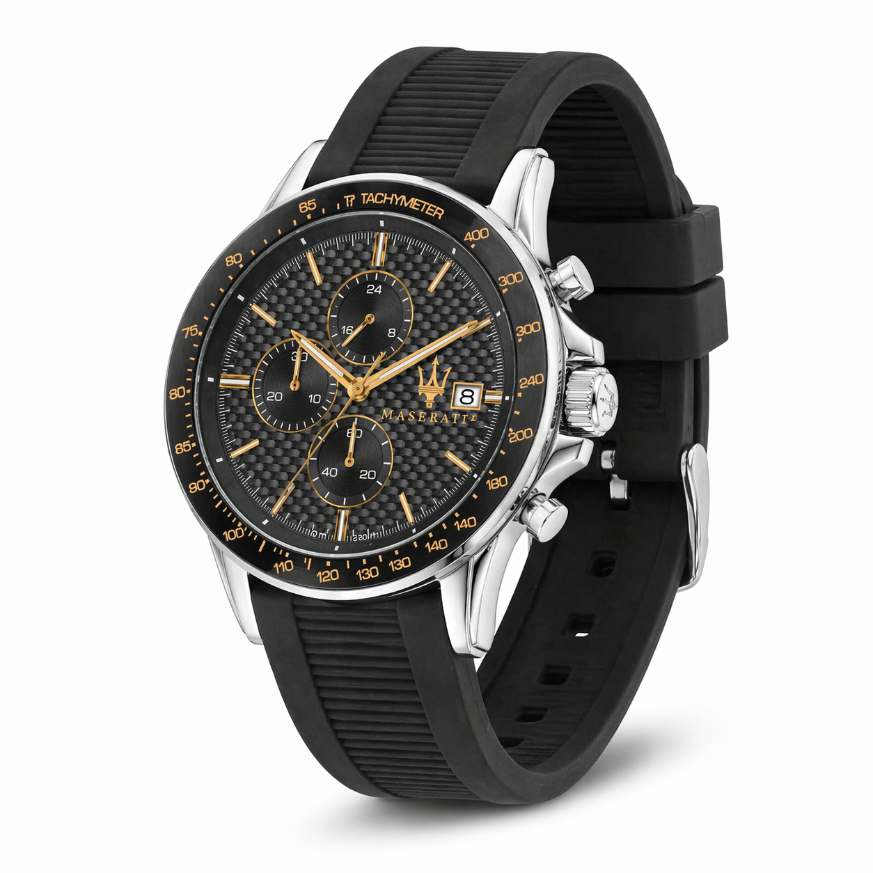 Maserati R8871640005 Men’s Chronograph Watch – Grey Textured Dial, Black Silicone Strap, Tachymeter Bezel, 44mm Quartz