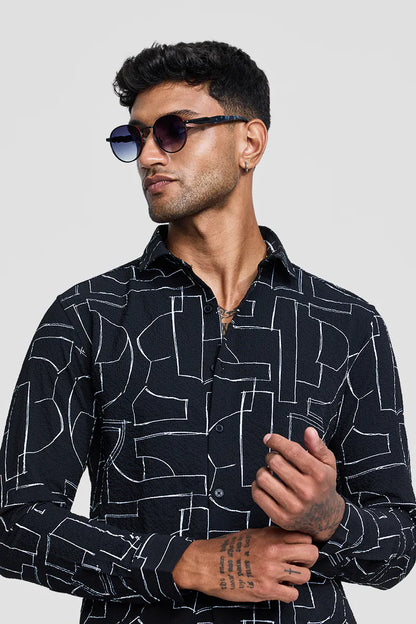 Snitch Men Black Textured Abstract Slim Fit Casual Shirt for Men
