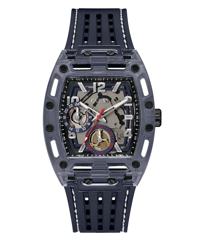 GUESS GW0499G1 Phoenix Men’s Watch | Blue Dial Leather Strap | Square Analog Multi-Function Watch