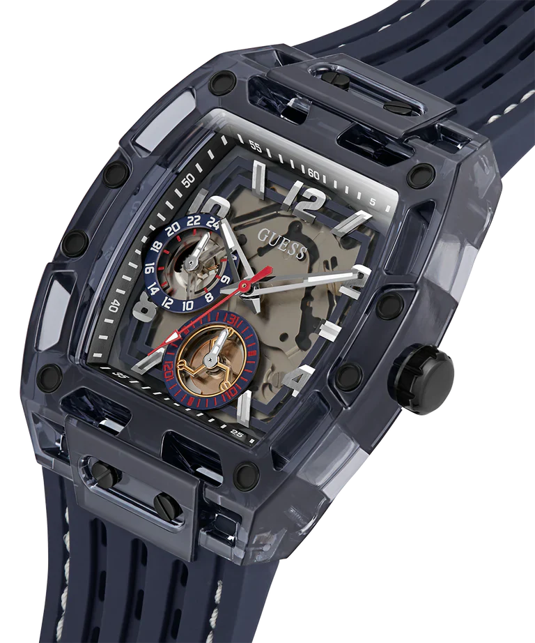 GUESS GW0499G1 Phoenix Men’s Watch | Blue Dial Leather Strap | Square Analog Multi-Function Watch