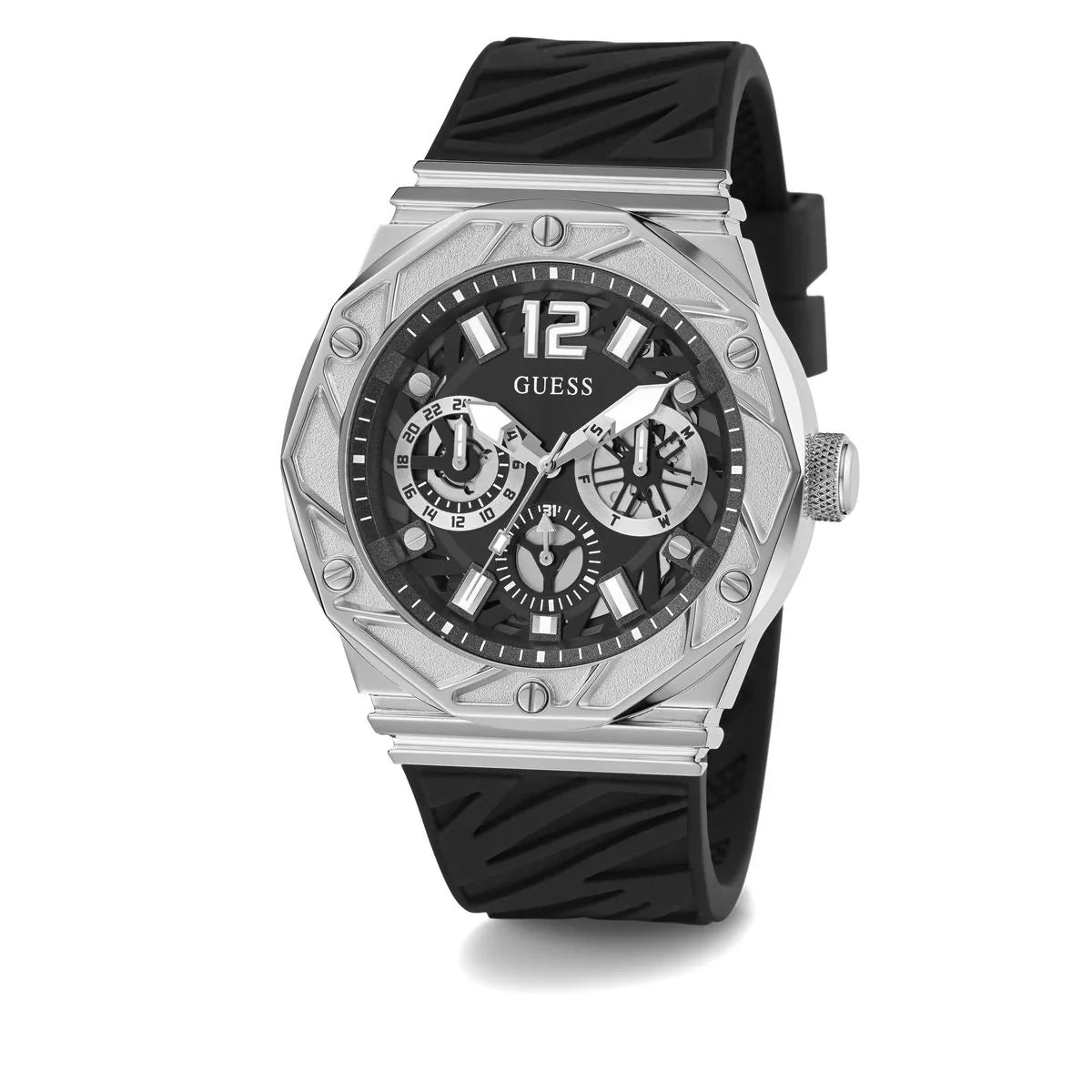 GUESS GW0634G1 Sport Rival Men’s Watch | Black Dial Silicone Strap | 47mm Multi-Function Analog Watch