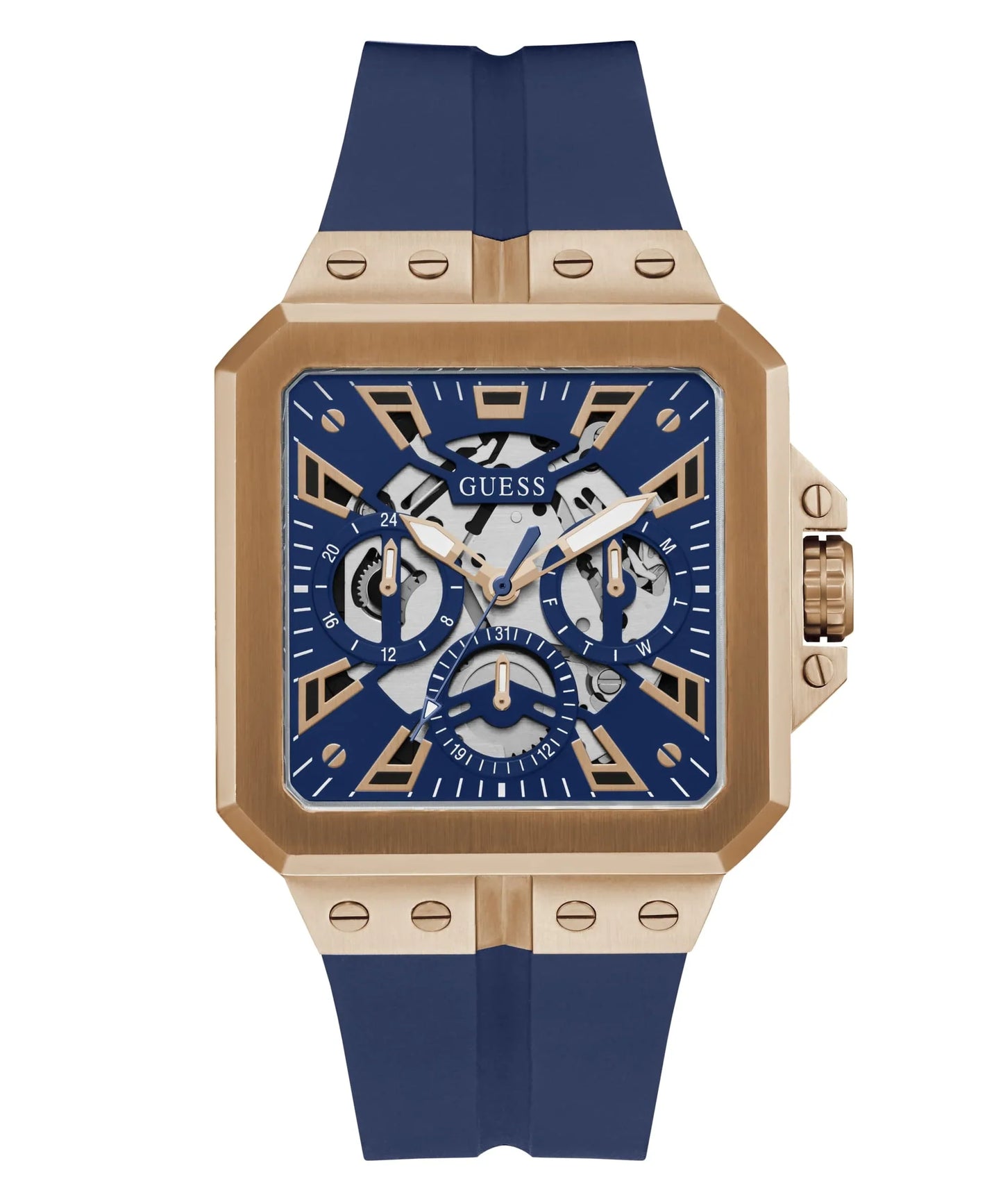 GUESS GW0637G3 Leo Men’s Watch | Blue Dial Square Case Silicone Strap | 42mm Analog Multi-Function Watch