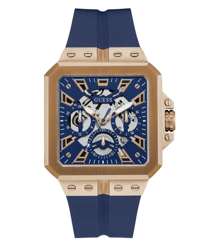 GUESS GW0637G3 Leo Men’s Watch | Blue Dial Square Case Silicone Strap | 42mm Analog Multi-Function Watch