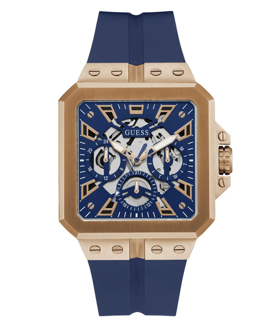 GUESS GW0637G3 Leo Men’s Watch | Blue Dial Square Case Silicone Strap | 42mm Analog Multi-Function Watch