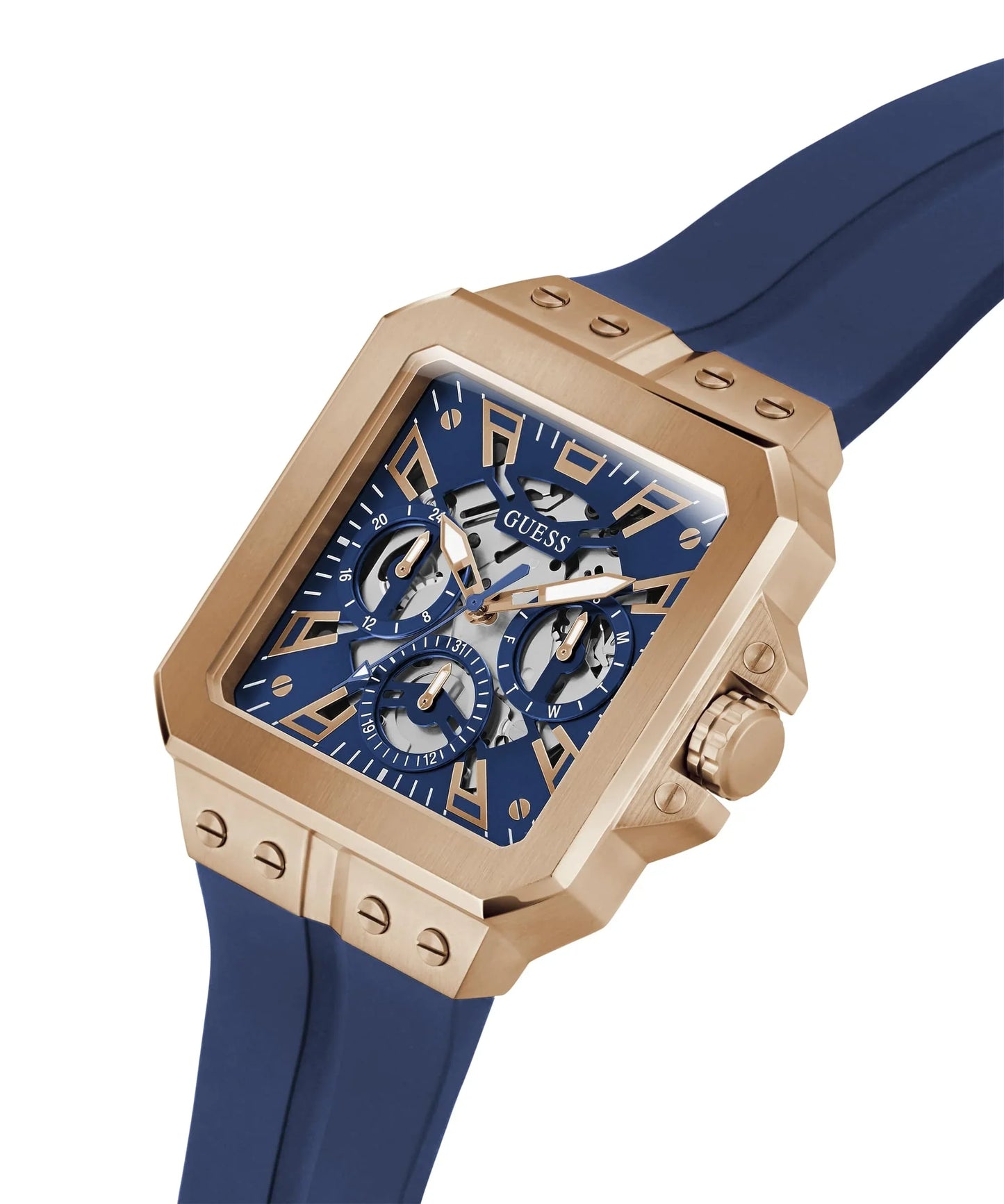 GUESS GW0637G3 Leo Men’s Watch | Blue Dial Square Case Silicone Strap | 42mm Analog Multi-Function Watch