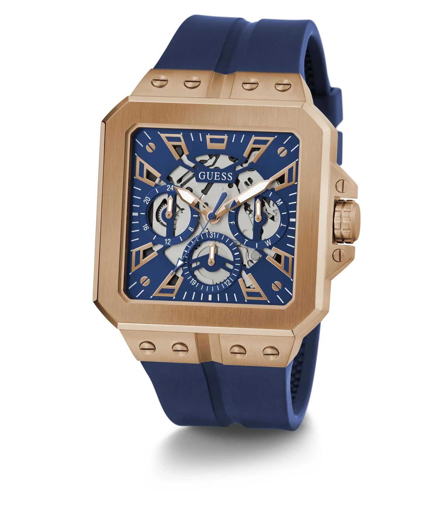 GUESS GW0637G3 Leo Men’s Watch | Blue Dial Square Case Silicone Strap | 42mm Analog Multi-Function Watch
