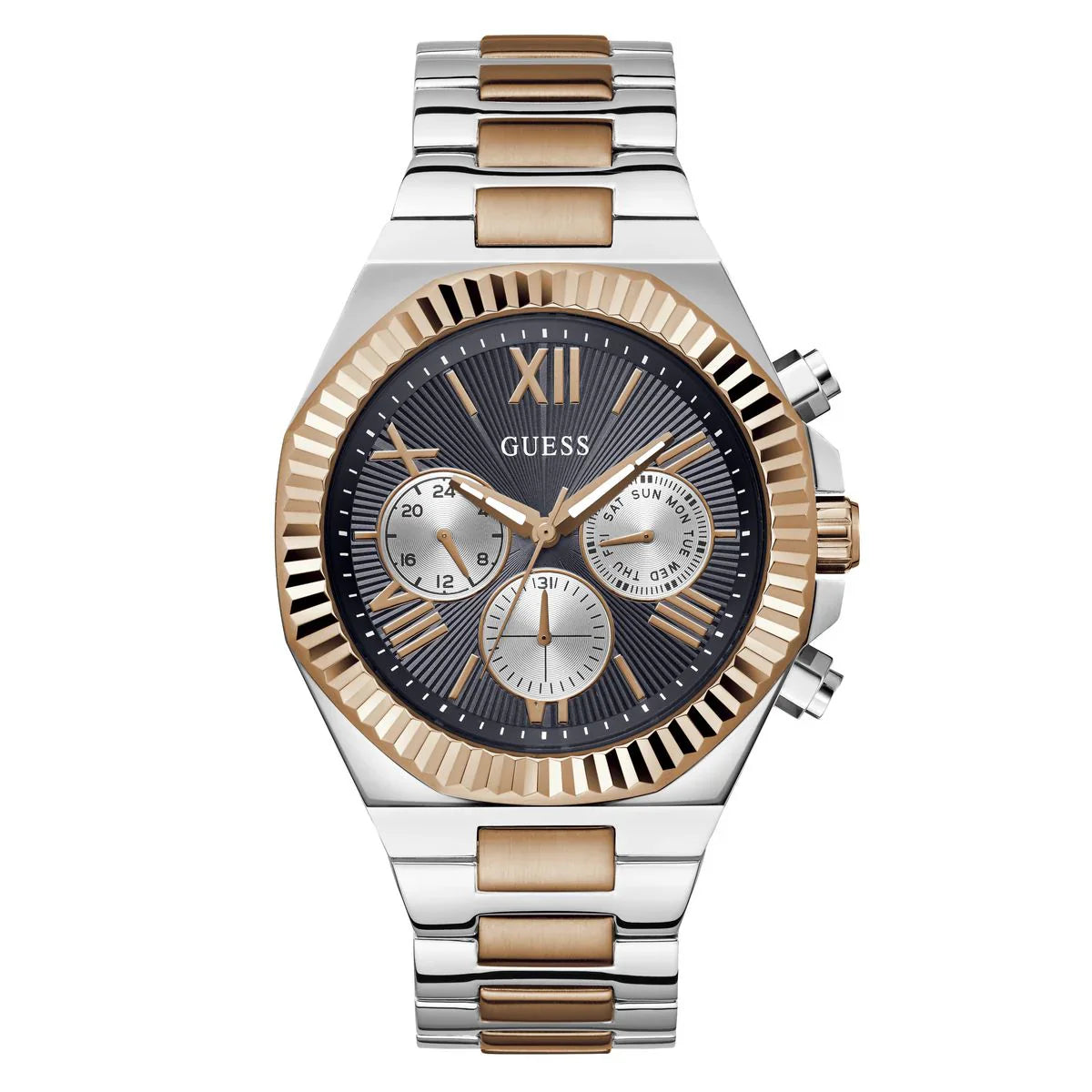 GUESS GW0703G1 Equity Men’s Watch | Blue Dial Two-Tone Stainless Steel Bracelet | 44mm Multi-Function Luxury Watch