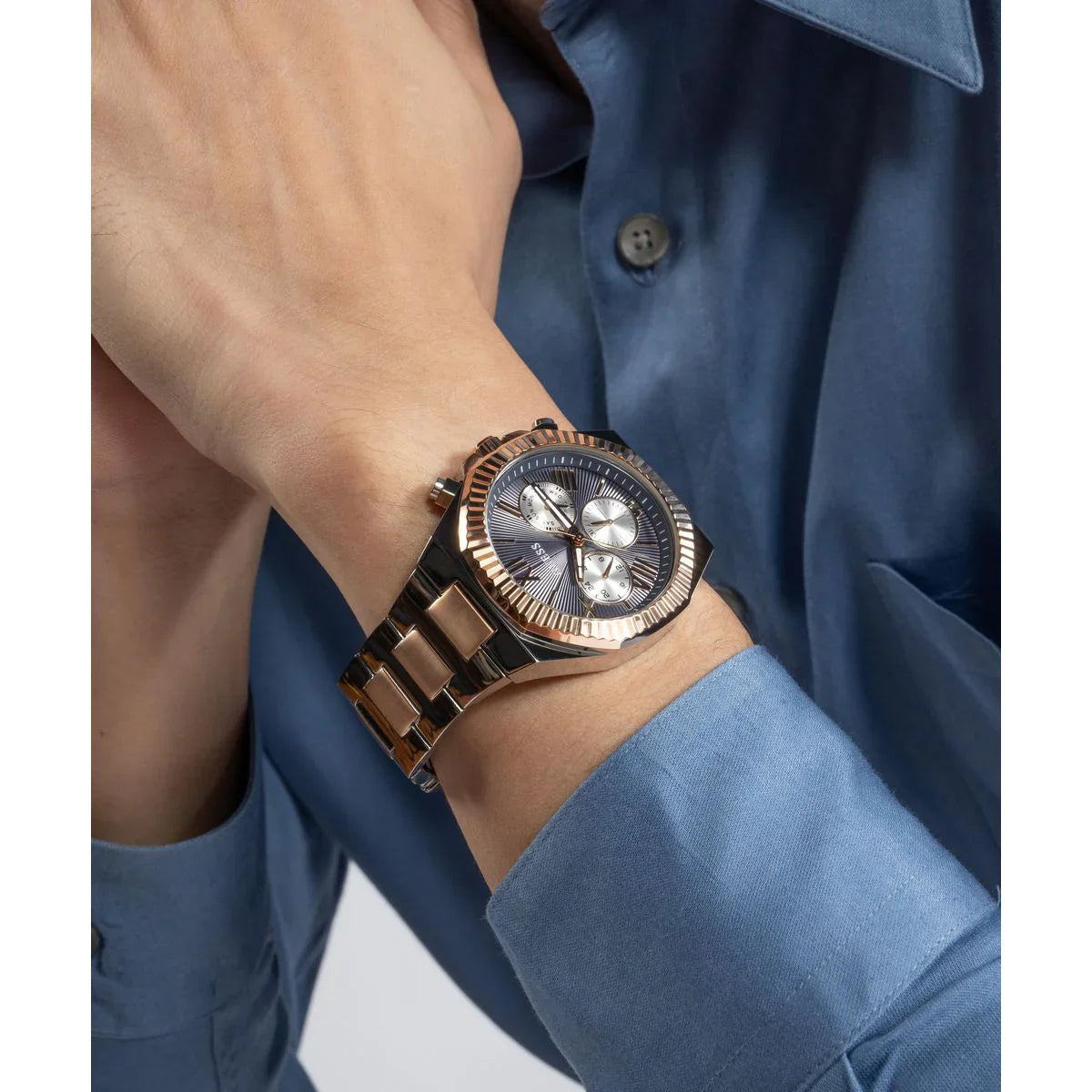 GUESS GW0703G1 Equity Men’s Watch | Blue Dial Two-Tone Stainless Steel Bracelet | 44mm Multi-Function Luxury Watch