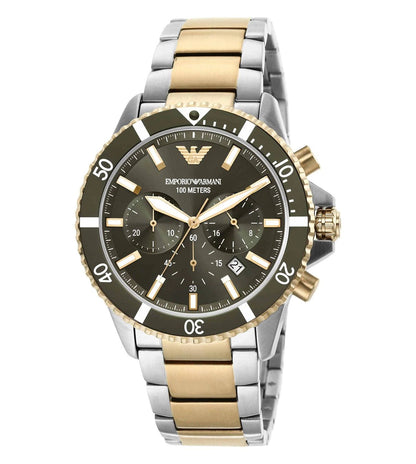 Emporio Armani AR11361 Men’s Chronograph Watch | Green Dial | Two-Tone Stainless Steel Strap | 100M Water Resistant