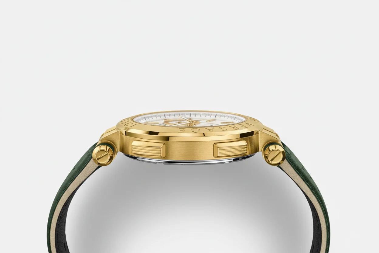 Versace VBR020017 Aion Men’s Watch | Gold Tone Chronograph | Green Leather Strap Swiss Made Luxury Watch