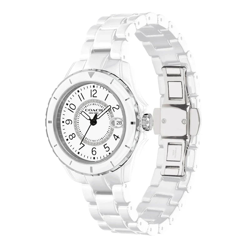 Coach 14503462 Preston Women’s Watch | White Ceramic Strap | Gold Tone Stainless Steel 32mm Luxury Watch