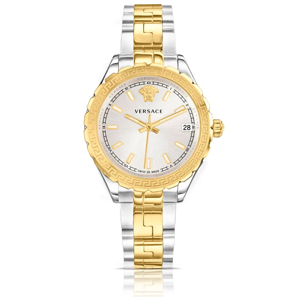 Versace V12030015 Hellenyium Women’s Watch | Silver Dial Two-Tone Stainless Steel | Swiss Quartz 35mm Luxury Watch