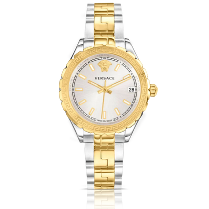 Versace V12030015 Hellenyium Women’s Watch | Silver Dial Two-Tone Stainless Steel | Swiss Quartz 35mm Luxury Watch