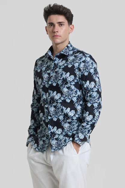 Snitch Black Floral Slim Fit Casual Shirt for Men
