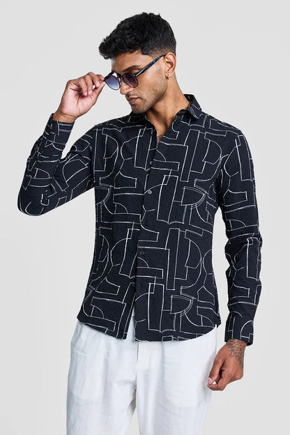 Snitch Men Black Textured Abstract Slim Fit Casual Shirt for Men
