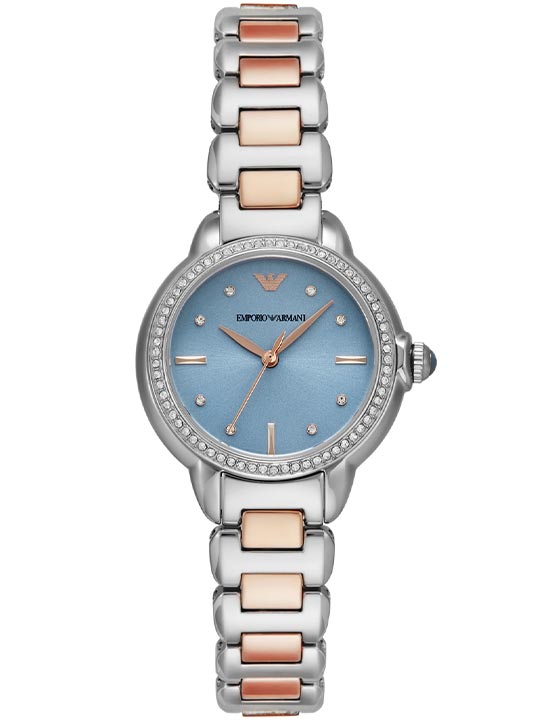 Emporio Armani AR11597 Women’s Watch | Blue Dial Two-Tone Stainless Steel | Crystal Bezel Luxury Analog Watch