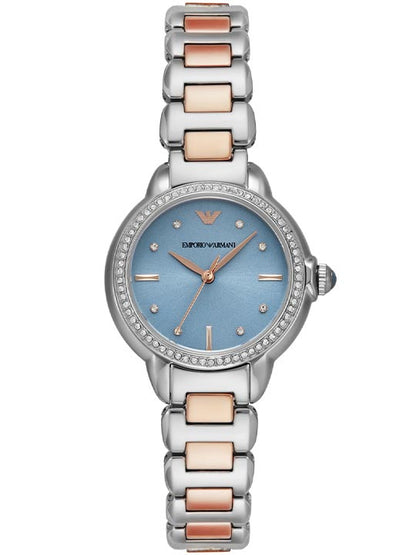 Emporio Armani AR11597 Women’s Watch | Blue Dial Two-Tone Stainless Steel | Crystal Bezel Luxury Analog Watch