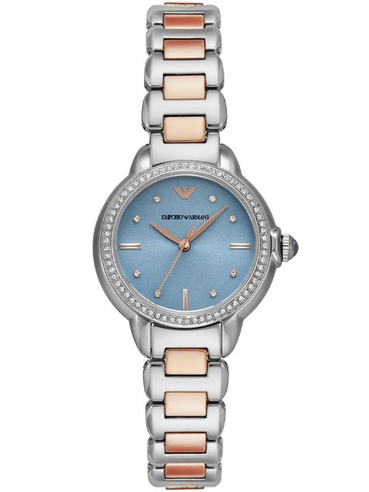 Emporio Armani AR11597 Women’s Watch | Blue Dial Two-Tone Stainless Steel | Crystal Bezel Luxury Analog Watch