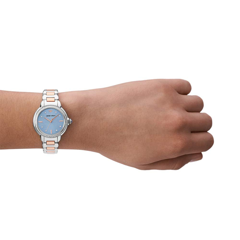 Emporio Armani AR11597 Women’s Watch | Blue Dial Two-Tone Stainless Steel | Crystal Bezel Luxury Analog Watch