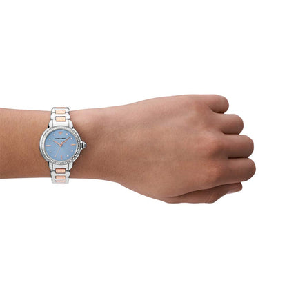 Emporio Armani AR11597 Women’s Watch | Blue Dial Two-Tone Stainless Steel | Crystal Bezel Luxury Analog Watch