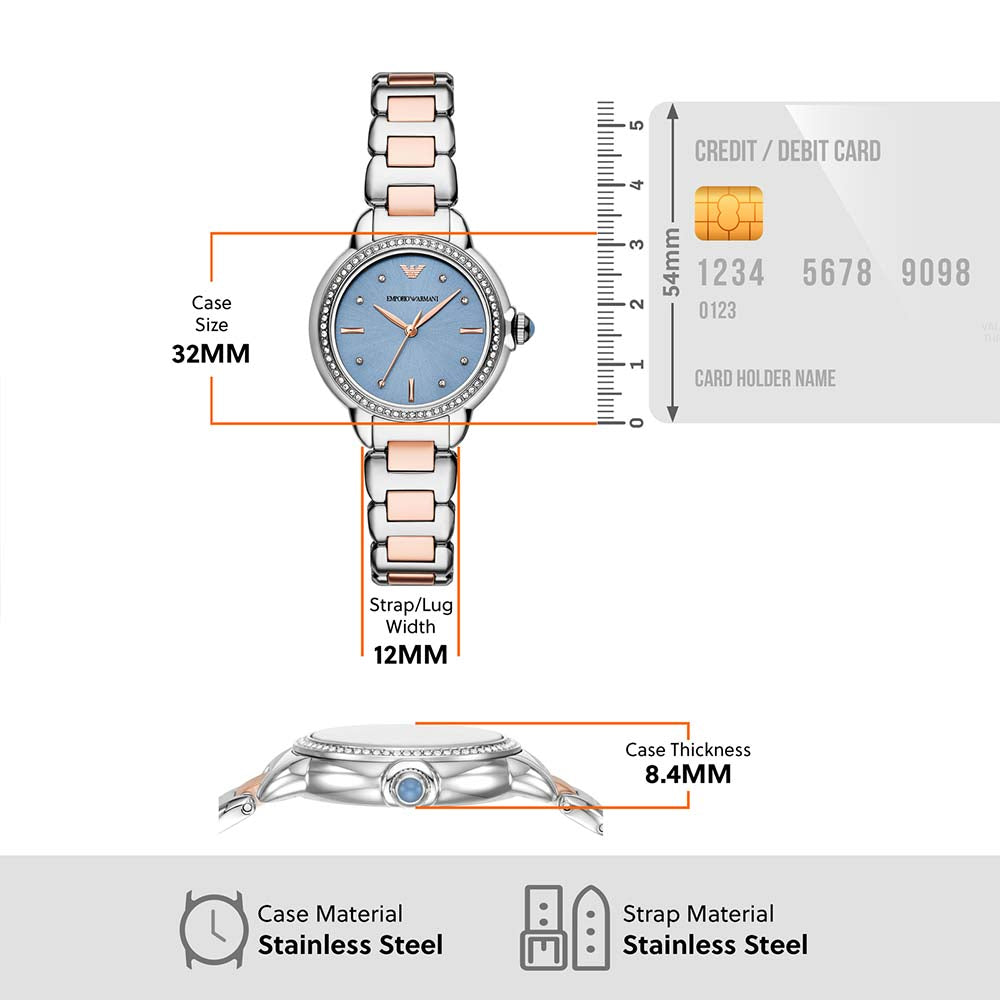 Emporio Armani AR11597 Women’s Watch | Blue Dial Two-Tone Stainless Steel | Crystal Bezel Luxury Analog Watch