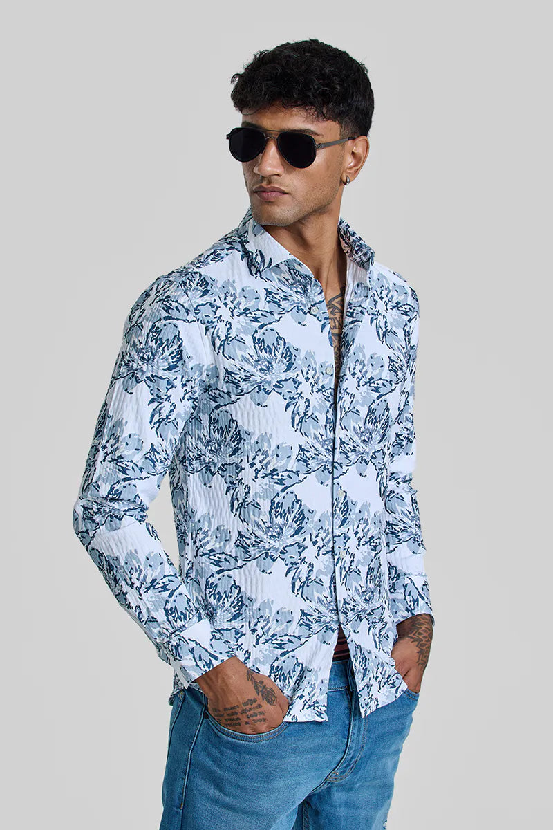 Snitch Light Blue Floral Slim Fit Casual Shirt