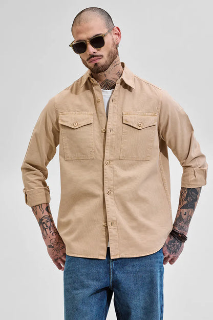 Snitch Beige Double Pocket Relaxed Fit Denim Shirt for Men