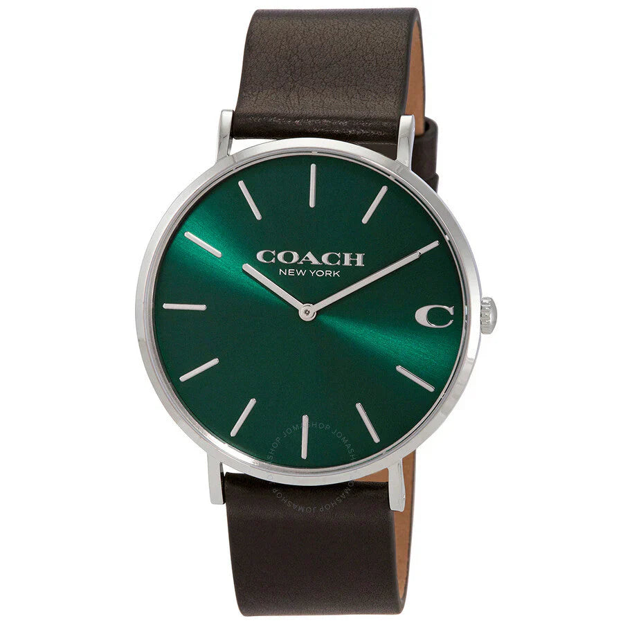 Coach Charles 14602436 Men’s Analog Watch – Green Dial, Black Leather Strap, 41mm Quartz