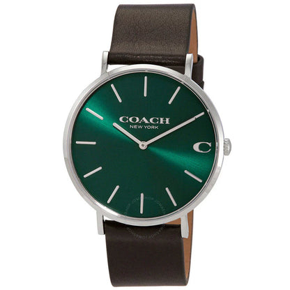 Coach Charles 14602436 Men’s Analog Watch – Green Dial, Black Leather Strap, 41mm Quartz