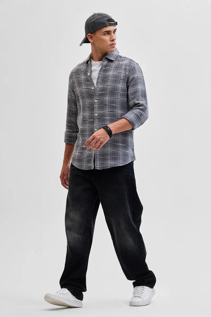 Snitch Grey Slub Textured Checks Shirt for Men