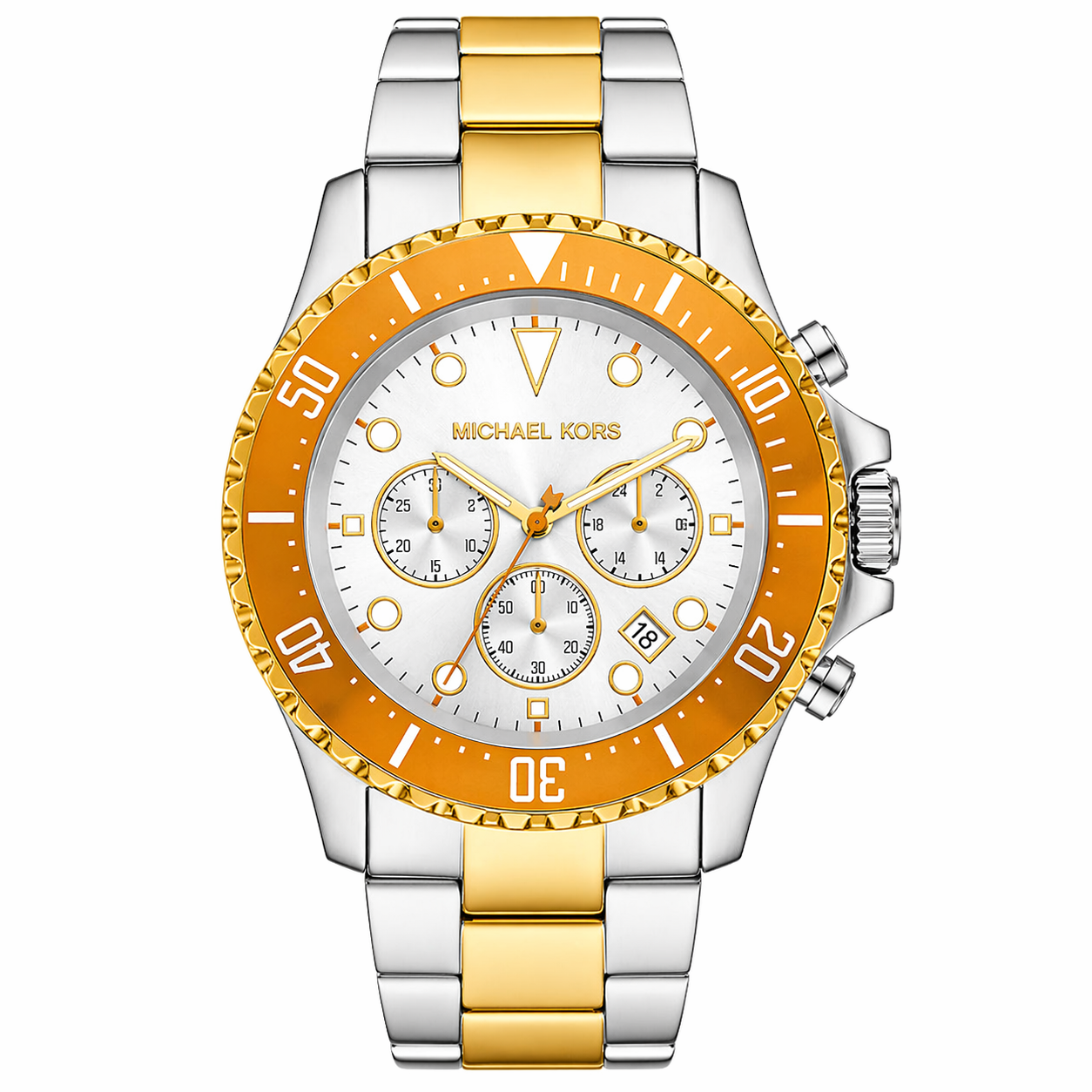 Michael Kors Everest MKO1183 Men’s Chronograph Watch – Orange Bezel, Silver Dial, Two-Tone Stainless Steel Strap, 44mm Quartz