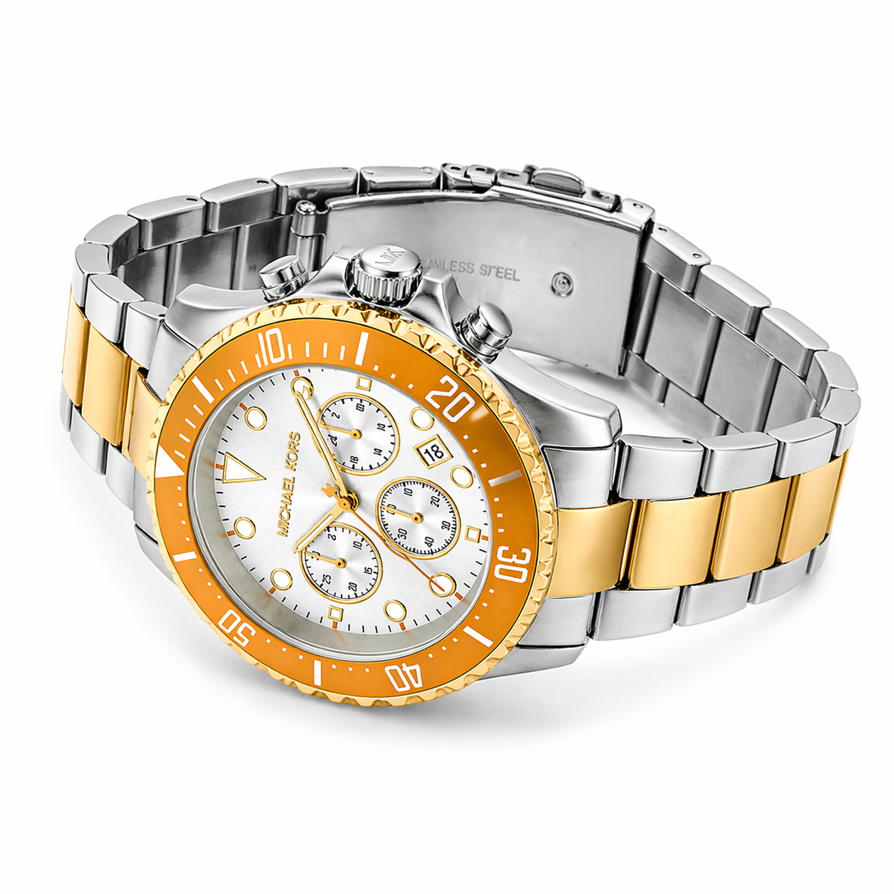 Michael Kors Everest MKO1183 Men’s Chronograph Watch – Orange Bezel, Silver Dial, Two-Tone Stainless Steel Strap, 44mm Quartz
