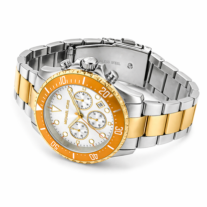 Michael Kors Everest MKO1183 Men’s Chronograph Watch – Orange Bezel, Silver Dial, Two-Tone Stainless Steel Strap, 44mm Quartz