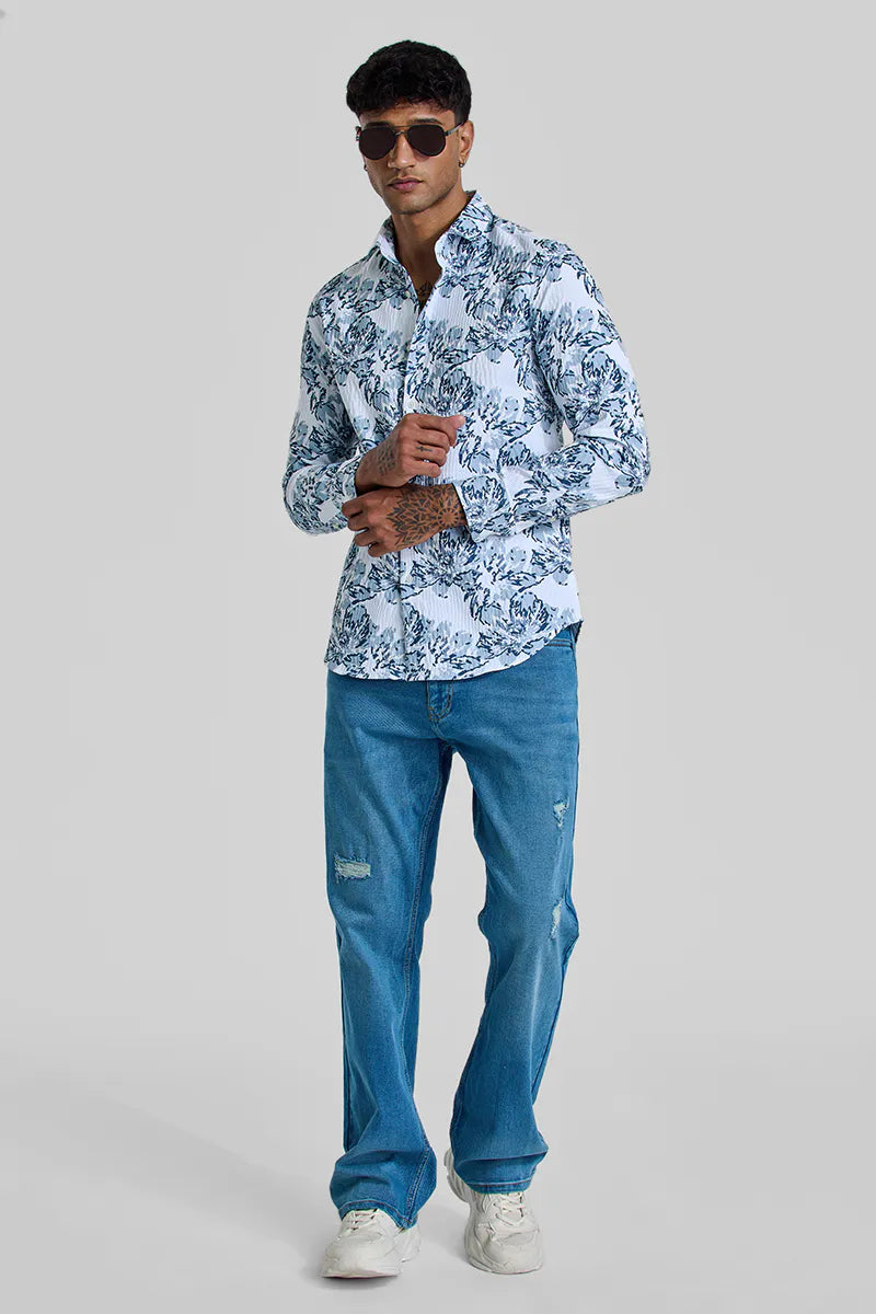 Snitch Light Blue Floral Slim Fit Casual Shirt