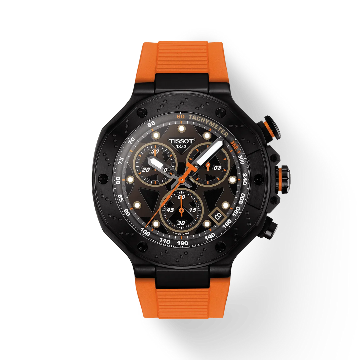 Tissot T1414173705102 T-Race Men’s Watch | Black Dial Chronograph | Orange Silicone Strap 45mm Swiss Made Sports Watch