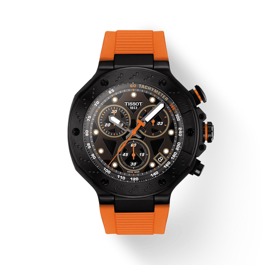 Tissot T1414173705102 T-Race Men’s Watch | Black Dial Chronograph | Orange Silicone Strap 45mm Swiss Made Sports Watch